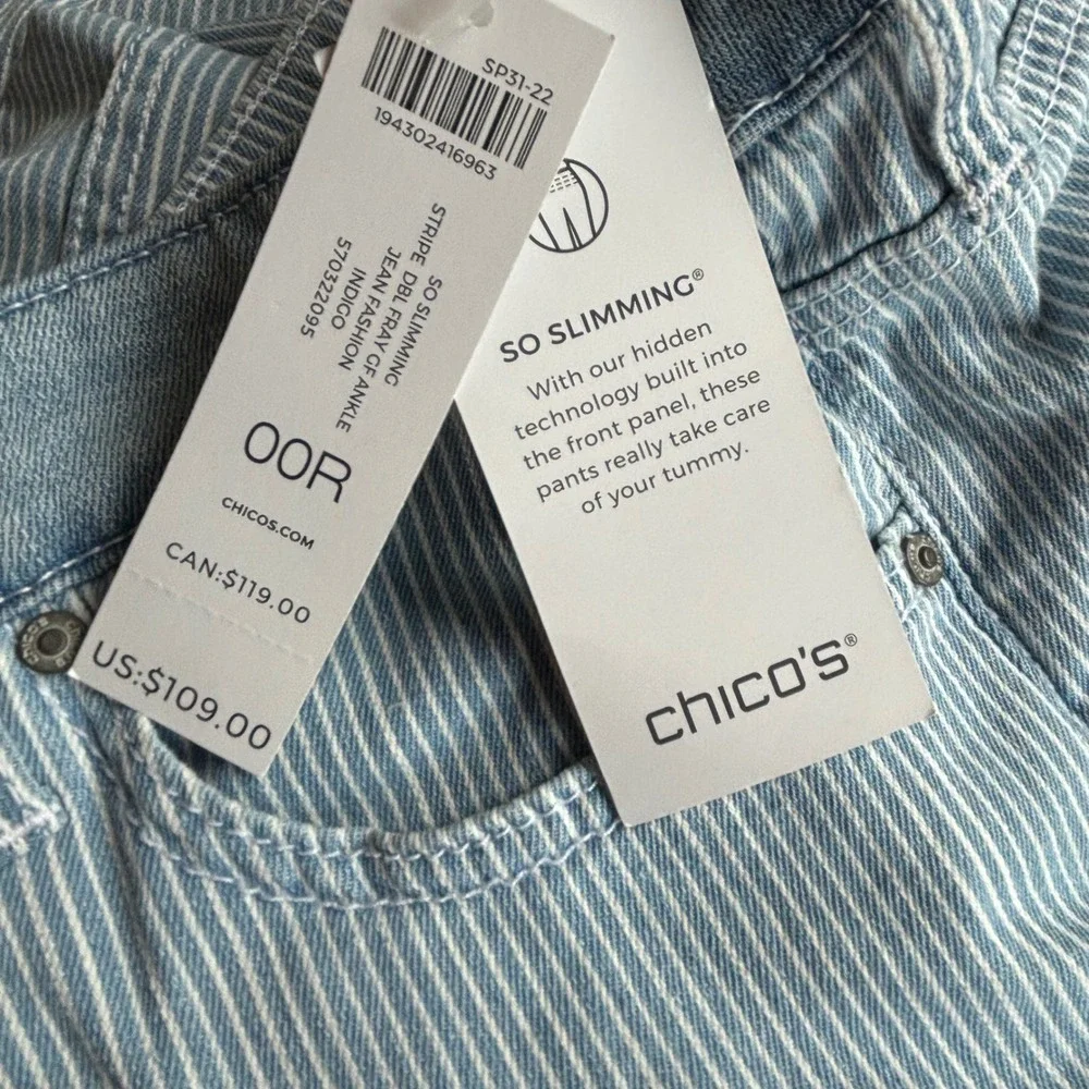 Chicos So Slimming Girlfriend Slim‎ Leg Stripe Dbl Fray Ankle Jeans 00R NWT